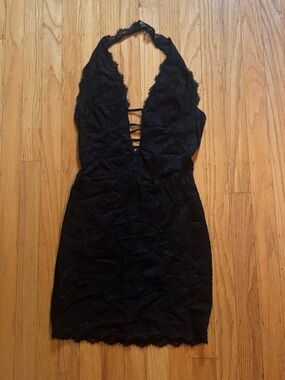 Windsor Black Lace Halter Mini Dress with Strappy Plunge